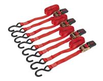 Sealey TD484SD - Ratchet Tie Down 25mm x 4mtr Polyester Webbing with S Hooks 800kg Load Test - 2 Pairs