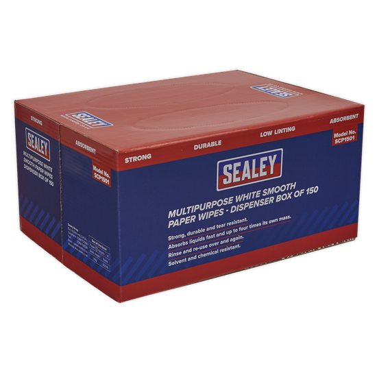 Sealey SCP1501 - Multipurpose Paper Wipes in Dispenser Box - Smooth White 73gsm 150 Sheets