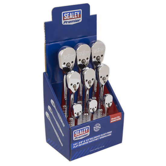 Sealey AK6672DB - Ratchet Wrenches 1/4", 3/8" & 1/2"Sq Drive Pear-Head Flip Reverse Display Box of 9