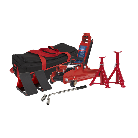 Sealey 1020LEBAGCOMBO - Trolley Jack 2tonne Low Entry Short Chassis - Red and Accessories Bag Combo
