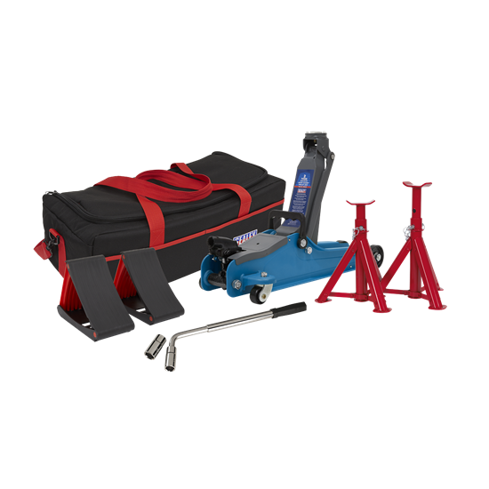 Sealey 1020LEBBAGCOMBO - Trolley Jack 2tonne Low Entry Short Chassis - Blue and Accessories Bag Combo