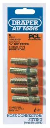 Draper 25843 � Packed) - 1/4" Taper 3/8" Bore Pcl Male Screw Tailpieces Pack Of 5