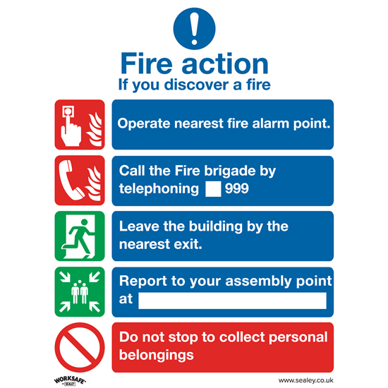 Sealey SS20P1 - Safe Conditions Safety Sign - Fire Action Without Lift - Rigid Plastic