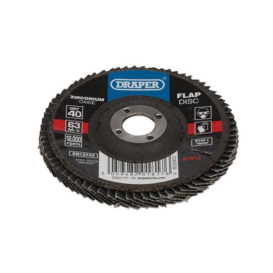 Draper 81912 ⣽Z100) - Zirconium Oxide Flap Disc, 100 x 16mm, 40 Grit