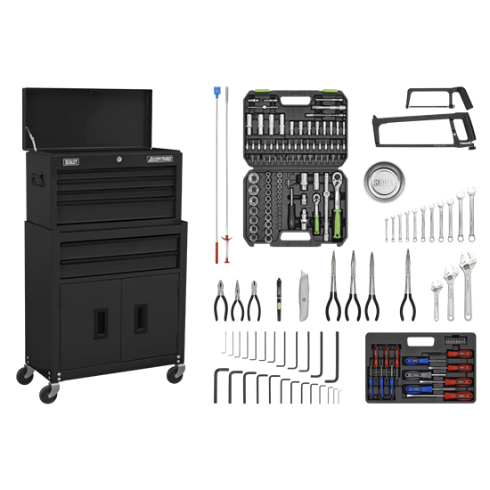 Sealey AP22BKCOMBO - Topchest & Rollcab Combination 6 Drawer with Ball-Bearing Slides - Black & 128pc Tool Kit