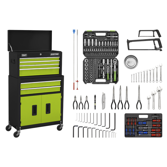 Sealey AP22HVGCOMBO - Topchest & Rollcab Combination 6 Drawer with Ball-Bearing Slides - Green/Black & 128pc Tool Kit