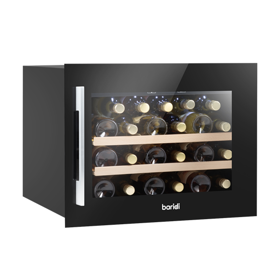 Baridi DH205 - Baridi 60cm Built-In 28 Bottle Wine Cooler with Beech Wood Shelves and Internal LED Light, Black