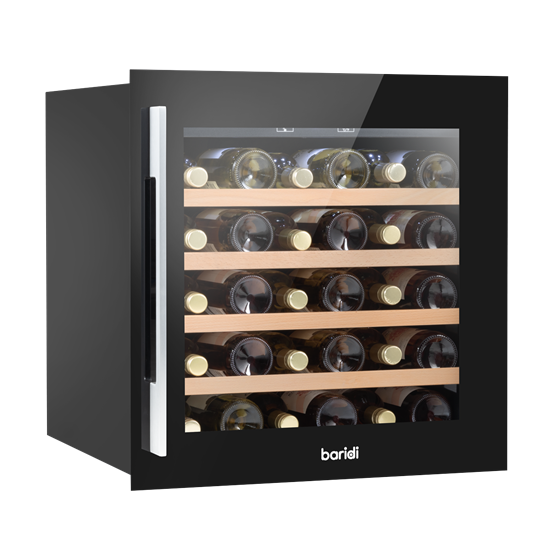 Baridi DH206 - Baridi 60cm Built-In 36 Bottle Wine Cooler with Beech Wood Shelves and Internal LED Light, Black