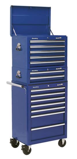Sealey APSTACKTC - Topchest, Mid-Box & Rollcab Combination 14 Drawer with Ball Bearing Slides - Blue