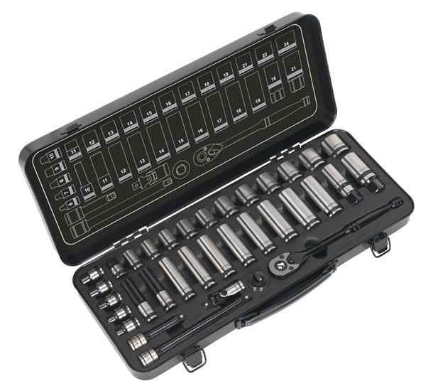 Sealey AK7971 - Socket Set 34pc 3/8"Sq Drive 6pt WallDrive® - Metric Black Series