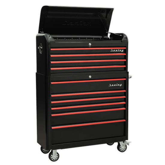 Sealey AP41COMBOBR - Retro Style Extra Wide Topchest & Rollcab Combination 10 Drawer - Black with Red Anodised Drawer Pul